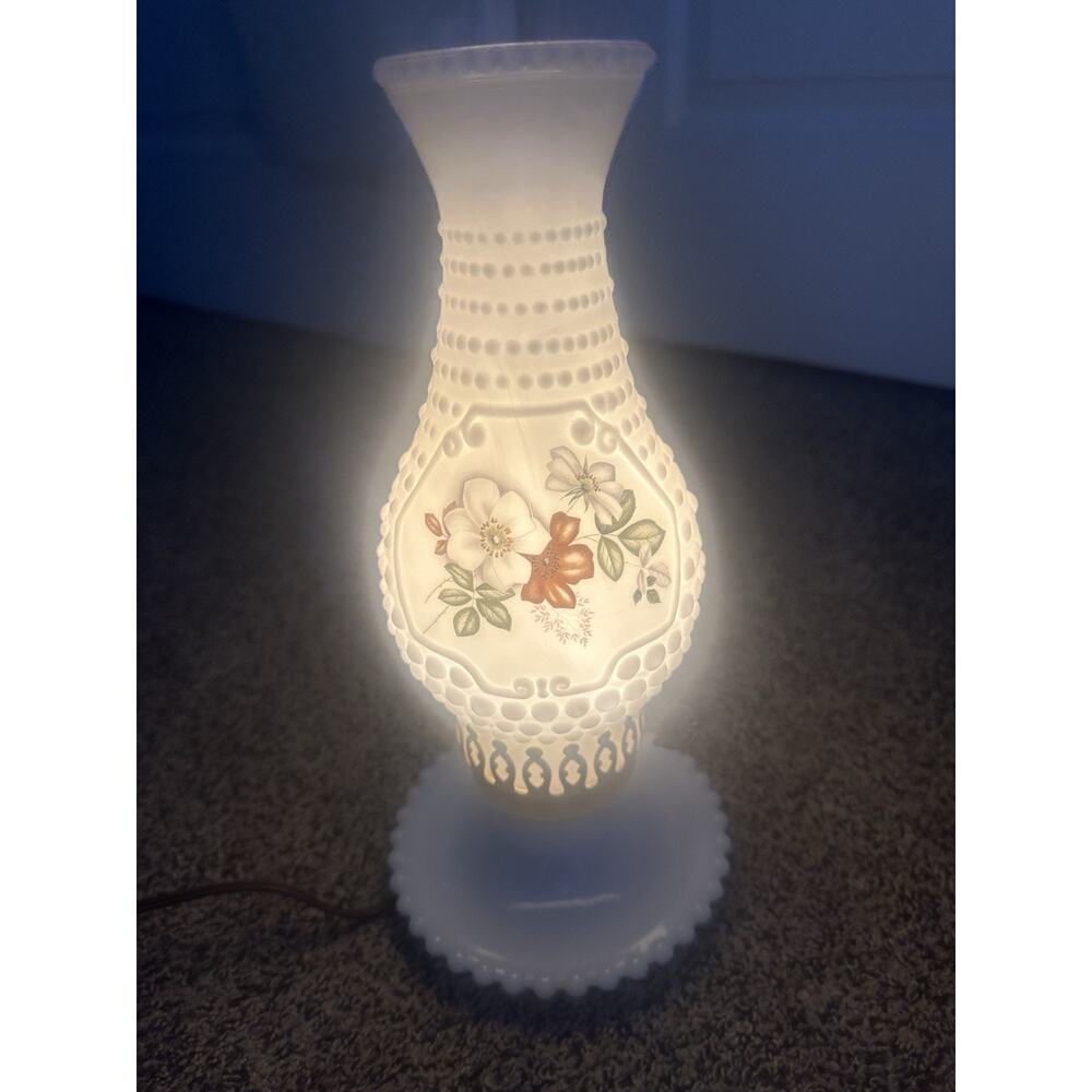White Milk Glass Hobnail Lantern Oil Lamp Light Autumn Brown Floral VTG Works